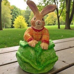 VTG Dept 56 Paper Mache Sitting Bunny in Cabbage Rabbit Easter Spring Decoration
